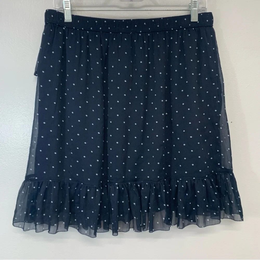 Abercrombie‎ & Fitch Faux Wrap Skirt XL  Navy Blue Polka Dot Ruffles Pull On Tie
